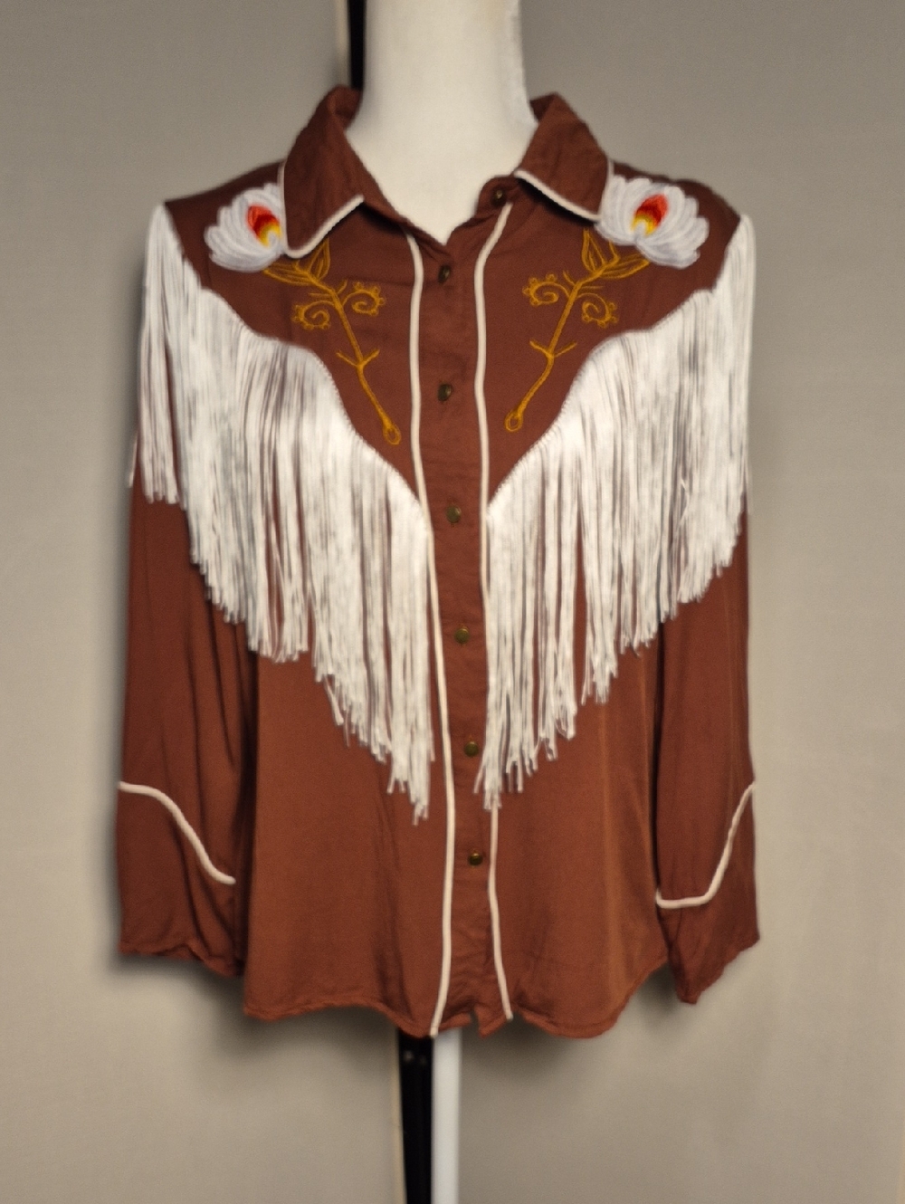 John Moon Texas Western Cowgirl Fringe Shirt w/ Embroidered Floral Yoke - Sz. L